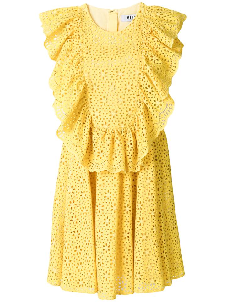 Msgm Eyelet Ruffled Front Sleeveless Day Dress - Yellow & Orange