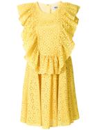 Msgm Eyelet Ruffled Front Sleeveless Day Dress - Yellow & Orange