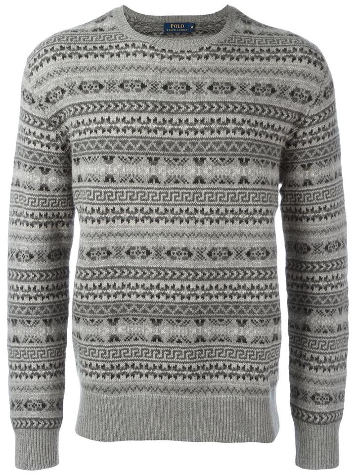 Polo Ralph Lauren Intarsia Crew Neck Jumper, Men's, Size: Large, Grey, Cashmere/wool