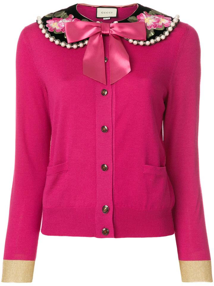 Gucci Floral Embroidered Pearl Collar Cardigan - Pink & Purple