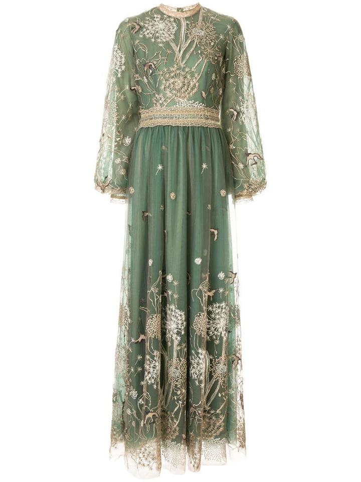 Costarellos Story-telling Embroidered Tulle Gown - Green