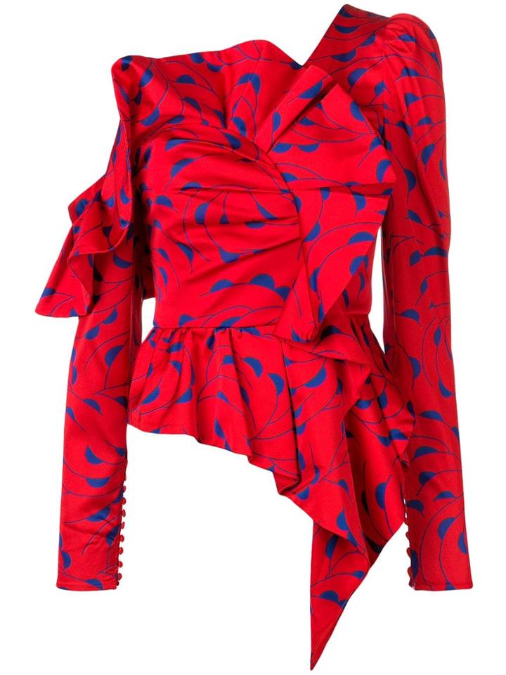 Self-portrait Printed Ruffle Asymmetric Top - Red