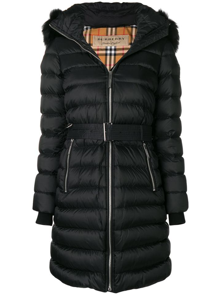 Burberry Zip Front Fur Trimmed Coat - Black