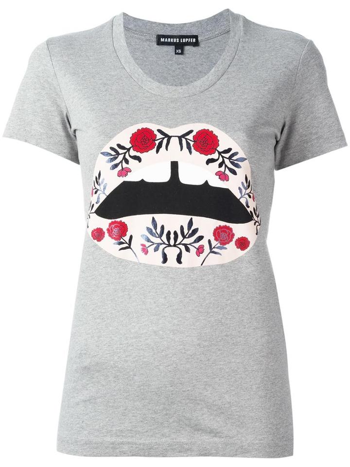 Markus Lupfer Flower Lips Print T-shirt, Women's, Size: Medium, Grey, Cotton