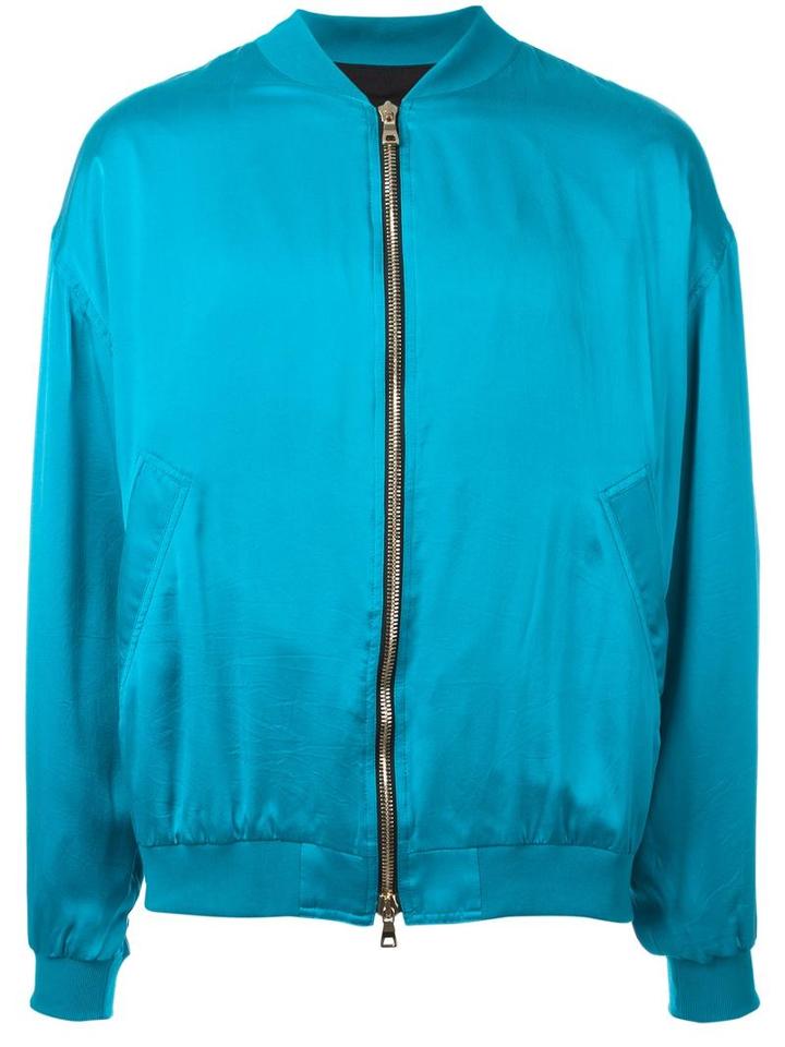 Balmain Embroidered Back Panel Bomber, Men's, Size: Medium, Blue, Silk/cotton