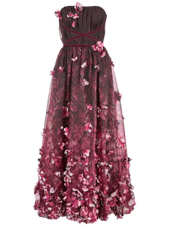 Marchesa Notte 3d Draped Floral Print Organza Tea Length Dress -