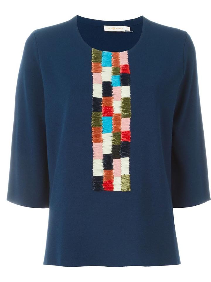Tory Burch Woven Detail Knit Top, Women's, Size: S, Blue, Polyester/viscose