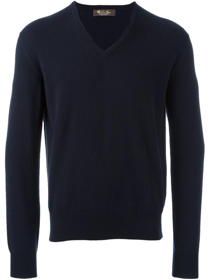 Loro Piana V Neck Jumper, Men's, Size: 54, Blue, Cashmere