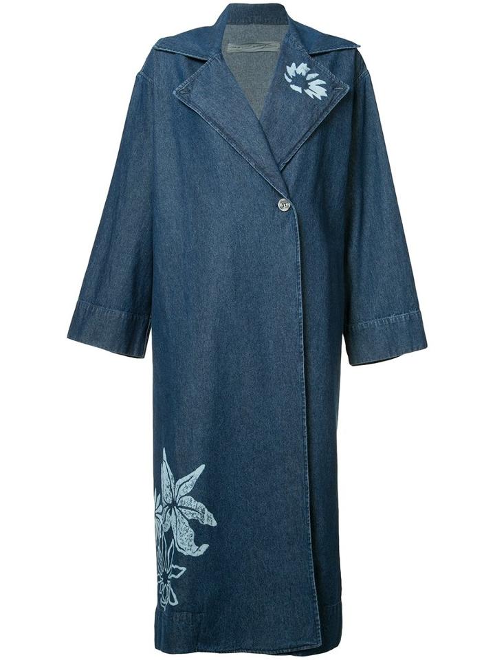Raquel Allegra Floral Print Denim Trench Coat, Women's, Size: 1, Blue, Cotton