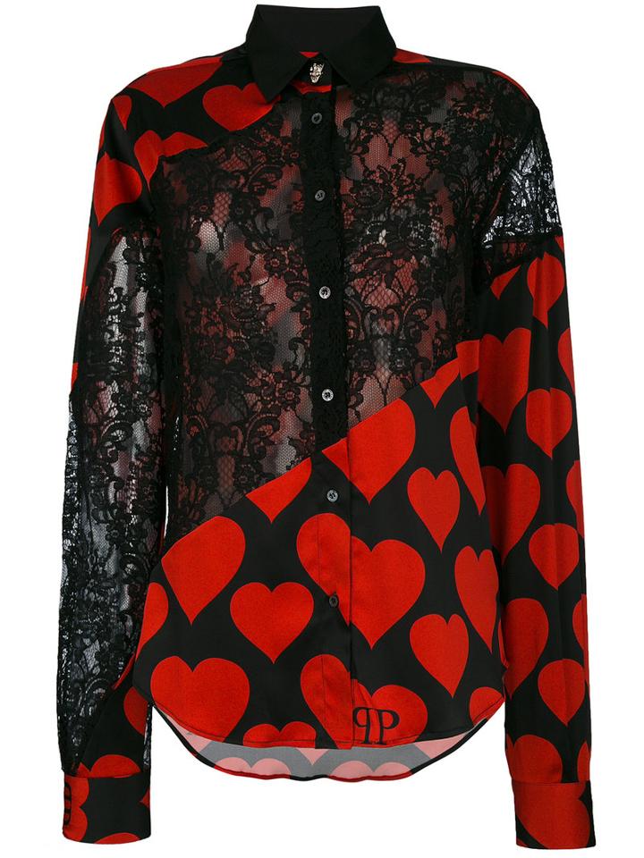 Philipp Plein - Heart Lace Panel Shirt - Women - Silk/spandex/elastane - L, Black, Silk/spandex/elastane