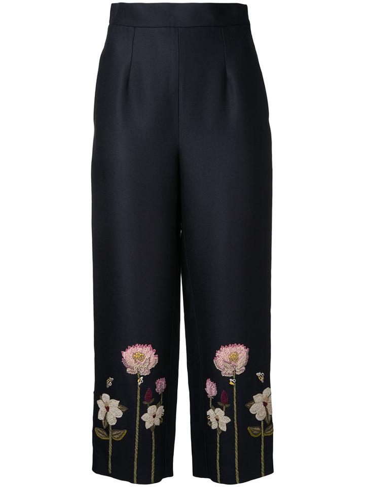 Vilshenko Embroidered Flower Cropped Trousers, Women's, Size: 10, Black, Silk/viscose