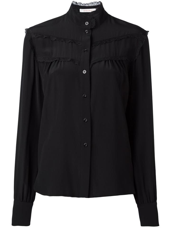 See By Chloé Ruffled Trim Shirt, Women's, Size: 36, Black, Silk/polyester/spandex/elastane