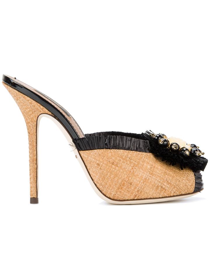 Dolce & Gabbana Embellished Raffia Mules - Nude & Neutrals