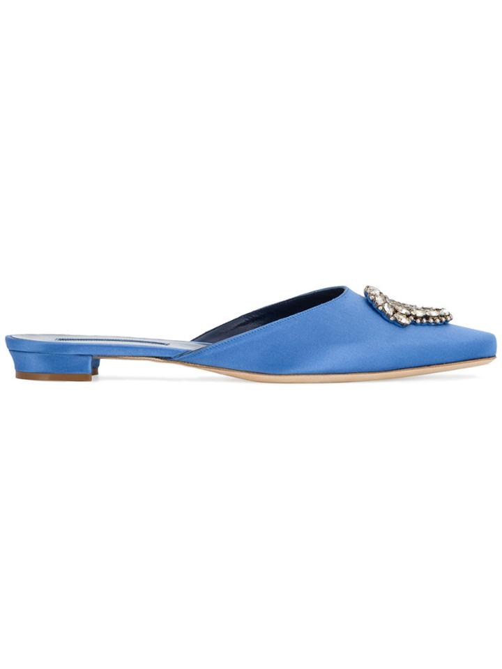 Manolo Blahnik Blue Satin Okkatomu Crystal Mules