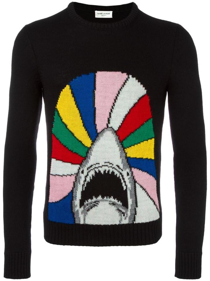 Saint Laurent Shark Intarsia Knit Jumper, Men's, Size: Large, Black, Wool