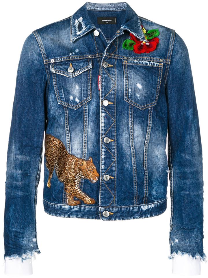 Dsquared2 Embroidered Distressed Denim Jacket - Blue