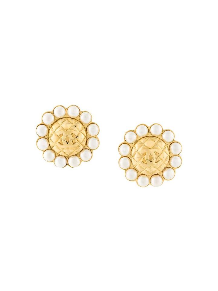 Chanel Vintage Faux Pearl Encrusted Clip-on Earrings, Women's, Metallic