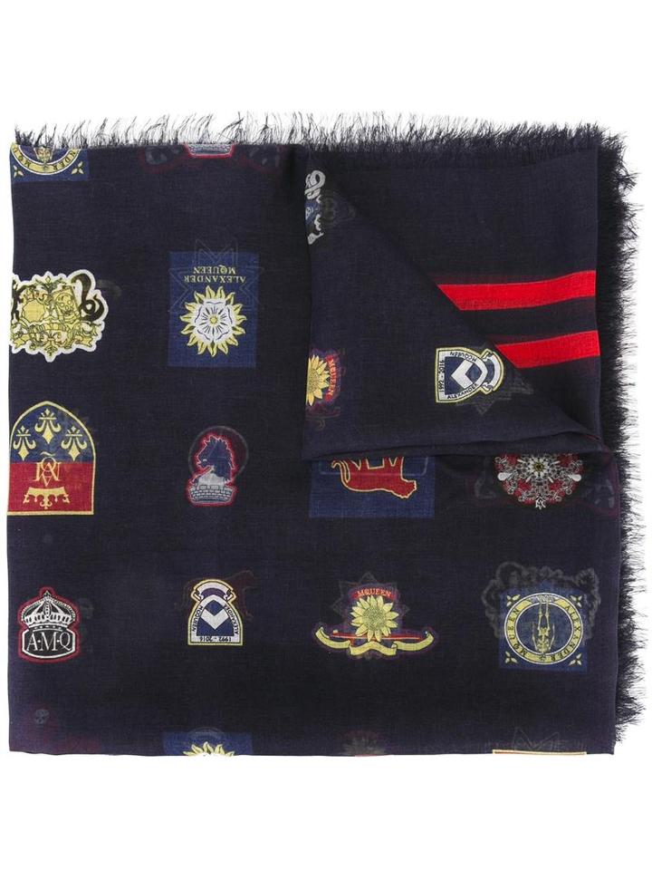 Alexander Mcqueen Badge Print Scarf, Men's, Black, Silk/modal