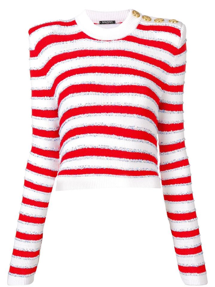 Balmain Striped Cropped Sweater - White