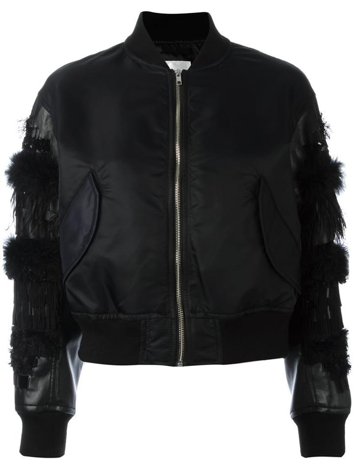 Comme Des Garçons Noir Kei Ninomiya Embellished Longsleeves Bomber Jacket, Women's, Size: Medium, Black, Nylon/acrylic/polyester/ostrich Feather