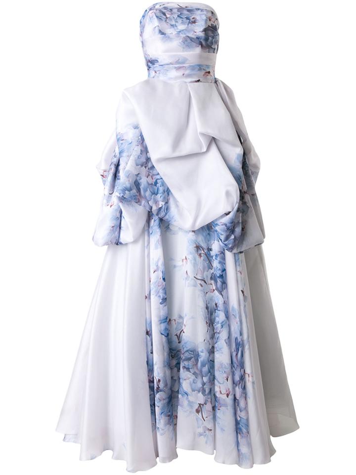 Isabel Sanchis Strapless Printed Bustled Ballgown - White