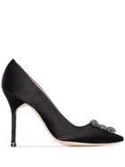 Manolo Blahnik Black Hangisi Buckle 105 Satin Pumps