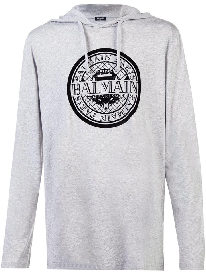 Balmain Logo Print Hoodie - Grey