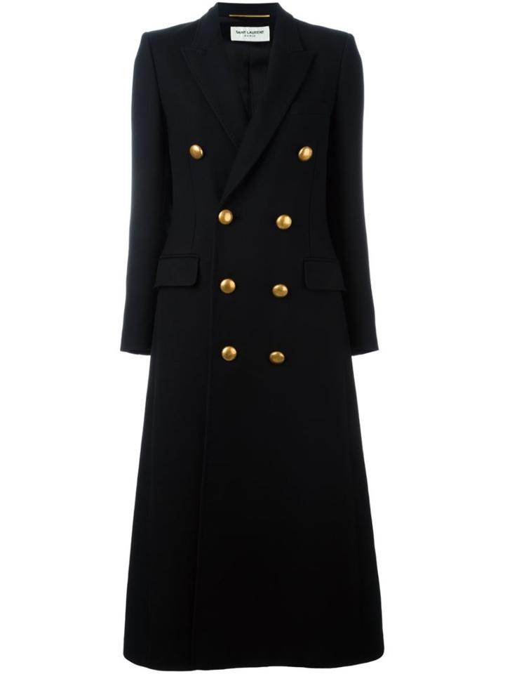 Saint Laurent Buttoned Long Coat, Women's, Size: 38, Black, Cotton/cupro/virgin Wool