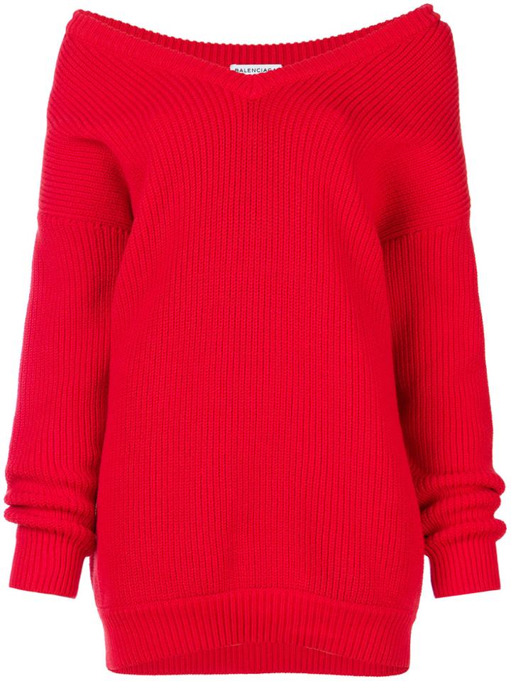 Balenciaga Long Sleeve V Neck Sweater - Red