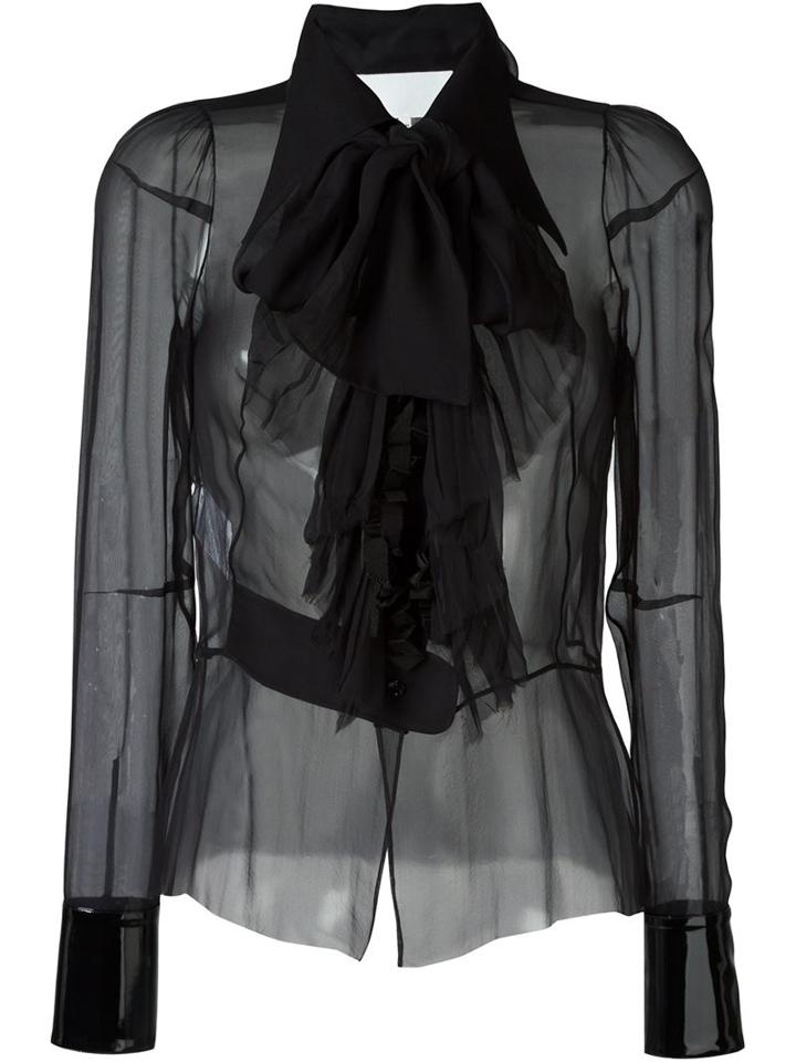 Maison Margiela Sheer Pussy Bow Blouse, Women's, Size: 42, Black, Silk/polyester/polyurethane