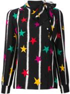 Saint Laurent Star Print Pussybow Blouse, Women's, Size: 40, Black, Silk