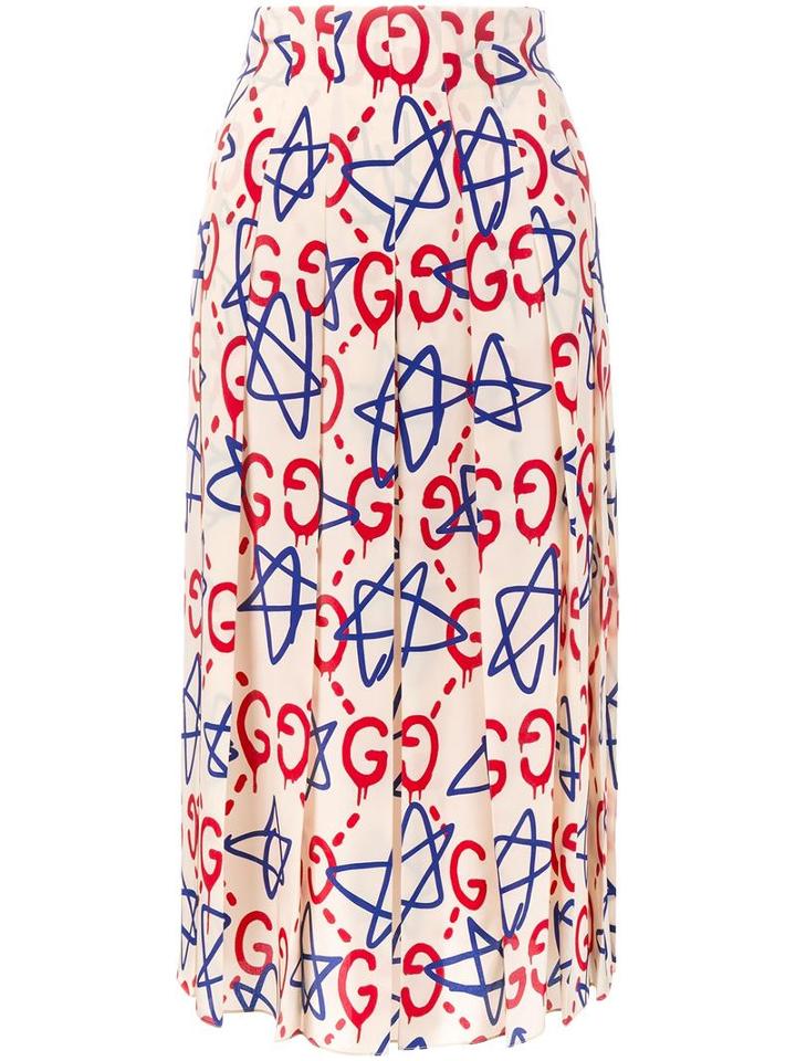 Gucci Gucci Ghost Printed Skirt, Women's, Size: 40, White, Silk