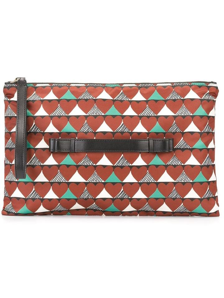 Red Valentino Heart Print Clutch, Women's, Brown, Polyester