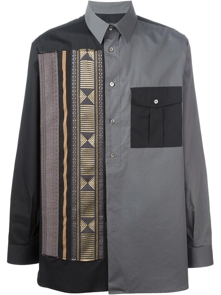 Ports 1961 Striped Appliqué Colour Block Shirt, Men's, Size: 40, Grey, Cotton/silk