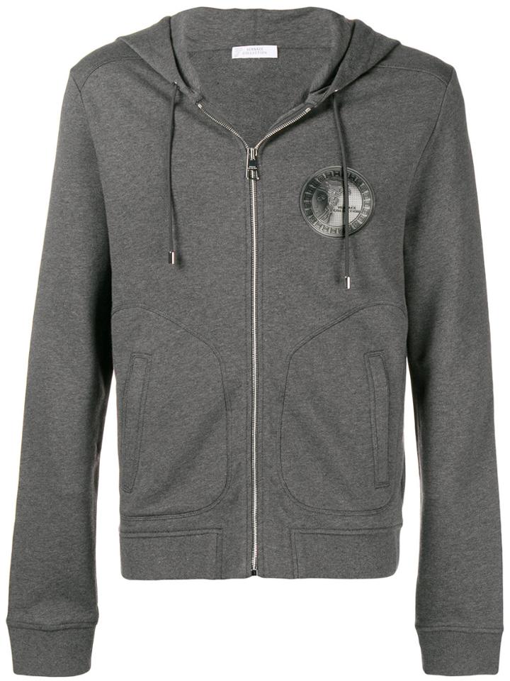Versace Collection Logo Print Zip Front Hoodie - Grey