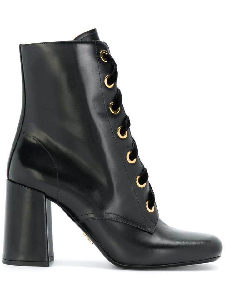 Prada High Heel Lace-up Booties - Black