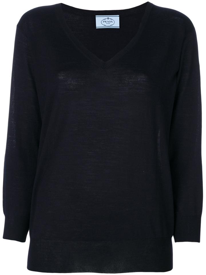 Prada Fine Knit V-neck Sweater - Blue