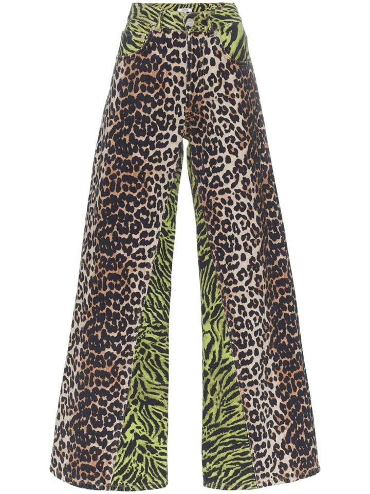 Ganni Wide-leg Animal Print Jeans - Black
