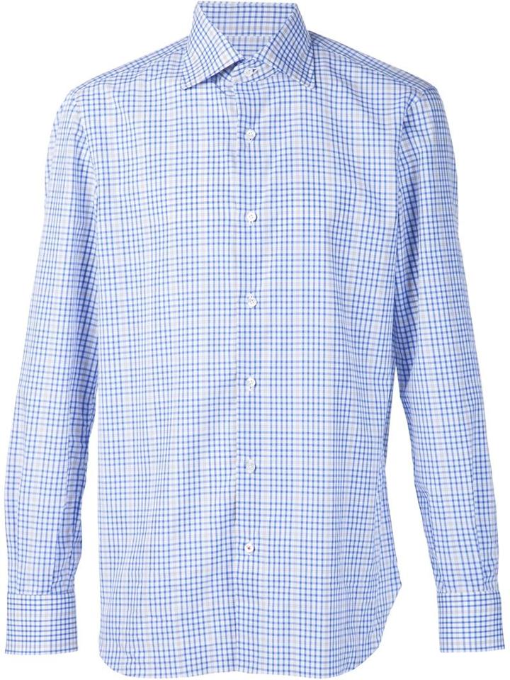 Isaia Checked Shirt, Men's, Size: 16 1/2, Blue, Cotton