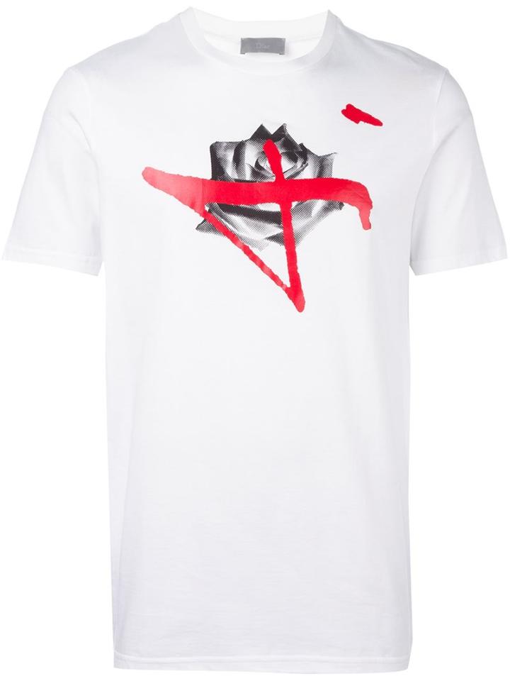 Dior Homme Rose Print T-shirt, Men's, Size: Large, White, Cotton