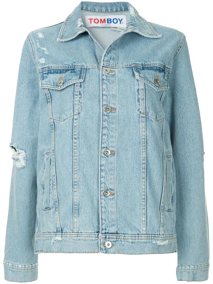 Filles A Papa Distressed Logo Denim Jacket - Blue