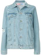 Filles A Papa Distressed Logo Denim Jacket - Blue