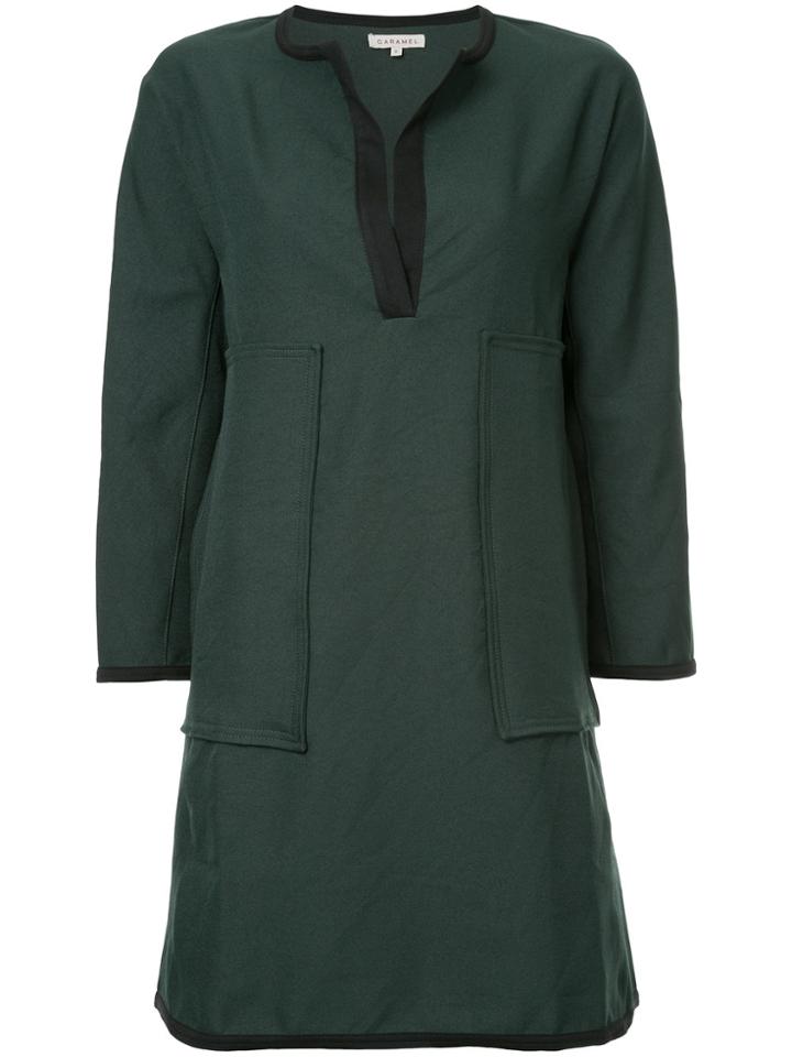 Caramel Open-neck Shift Dress - Green