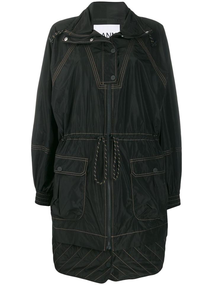Ganni Oversized Drawstring Detail Parka - Black