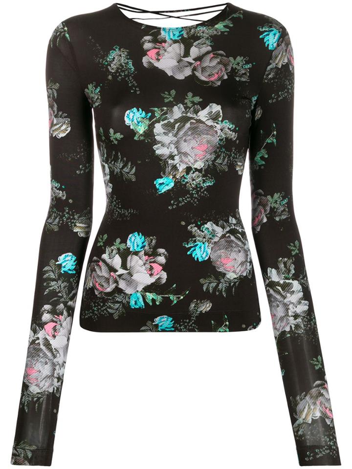Preen By Thornton Bregazzi Floral-print Lace-up Detail Top - Black