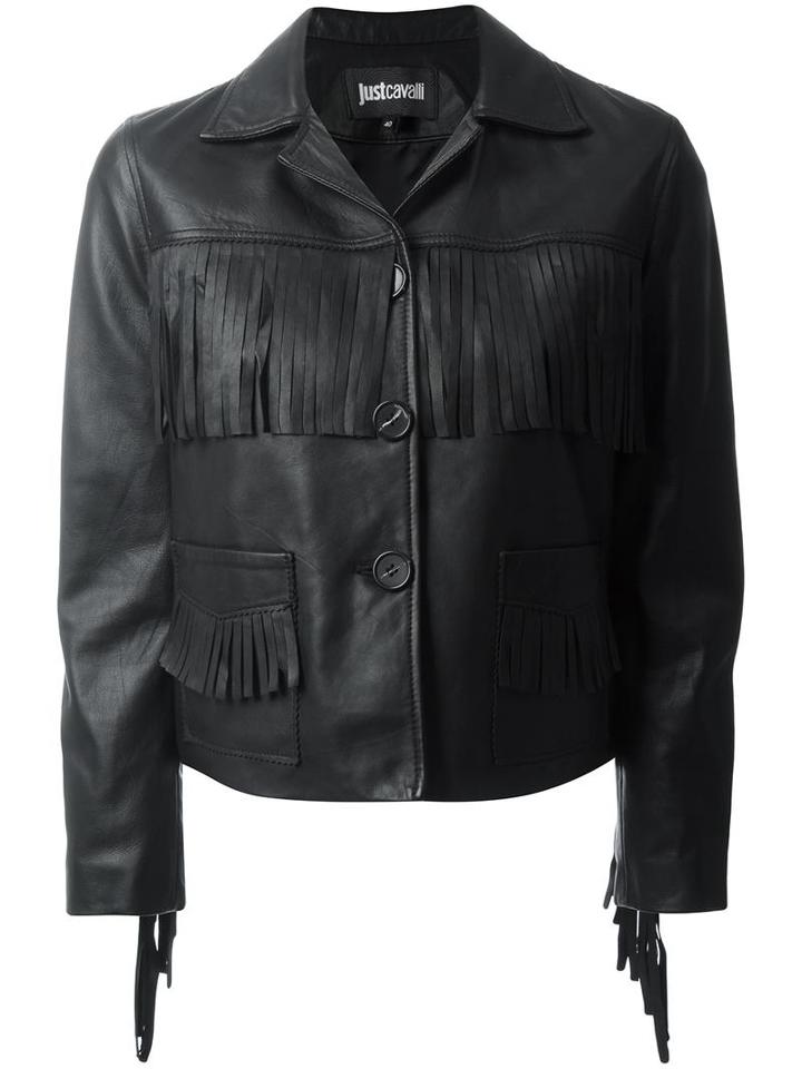 Just Cavalli Fringed Jacket, Women's, Size: 40, Black, Leather/polyester
