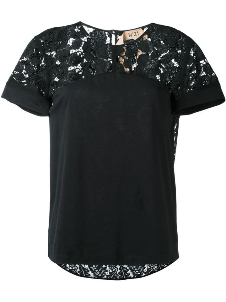 No21 Lace Panel T-shirt, Women's, Size: 42, Black, Cotton/polyester/polyamide/viscose