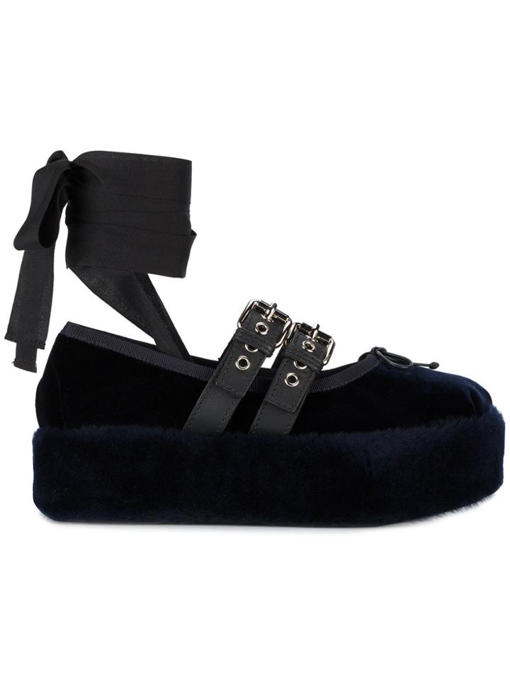 Miu Miu Velvet & Shearling Double Buckle Flatform Ballerinas - Blue