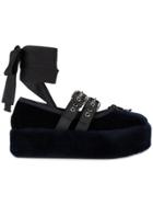Miu Miu Velvet & Shearling Double Buckle Flatform Ballerinas - Blue