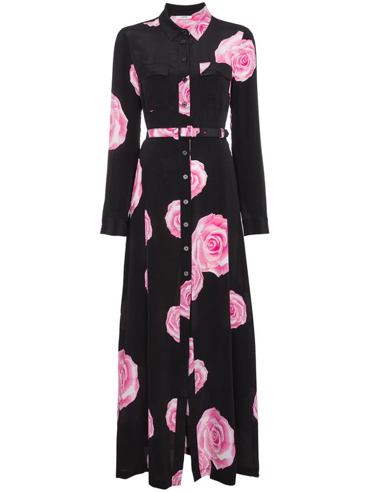 Ganni Belted Shirt Dress With Rose Print - Black